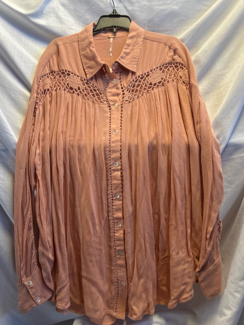 Free People Dusty Peach Crochet-Yoke Button Down Shirt